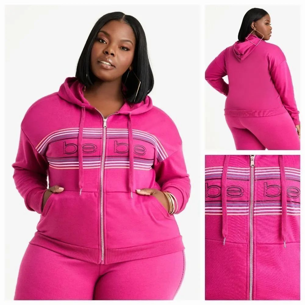 🔸️NWT Bebe Festival Fuchsia Stripe Logo Zippered Activewear Hoodie 1X